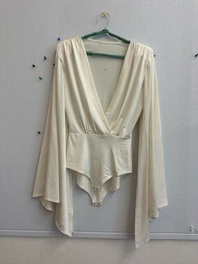 Ivory Draped V-Neck Long Sleeve Bodysuit